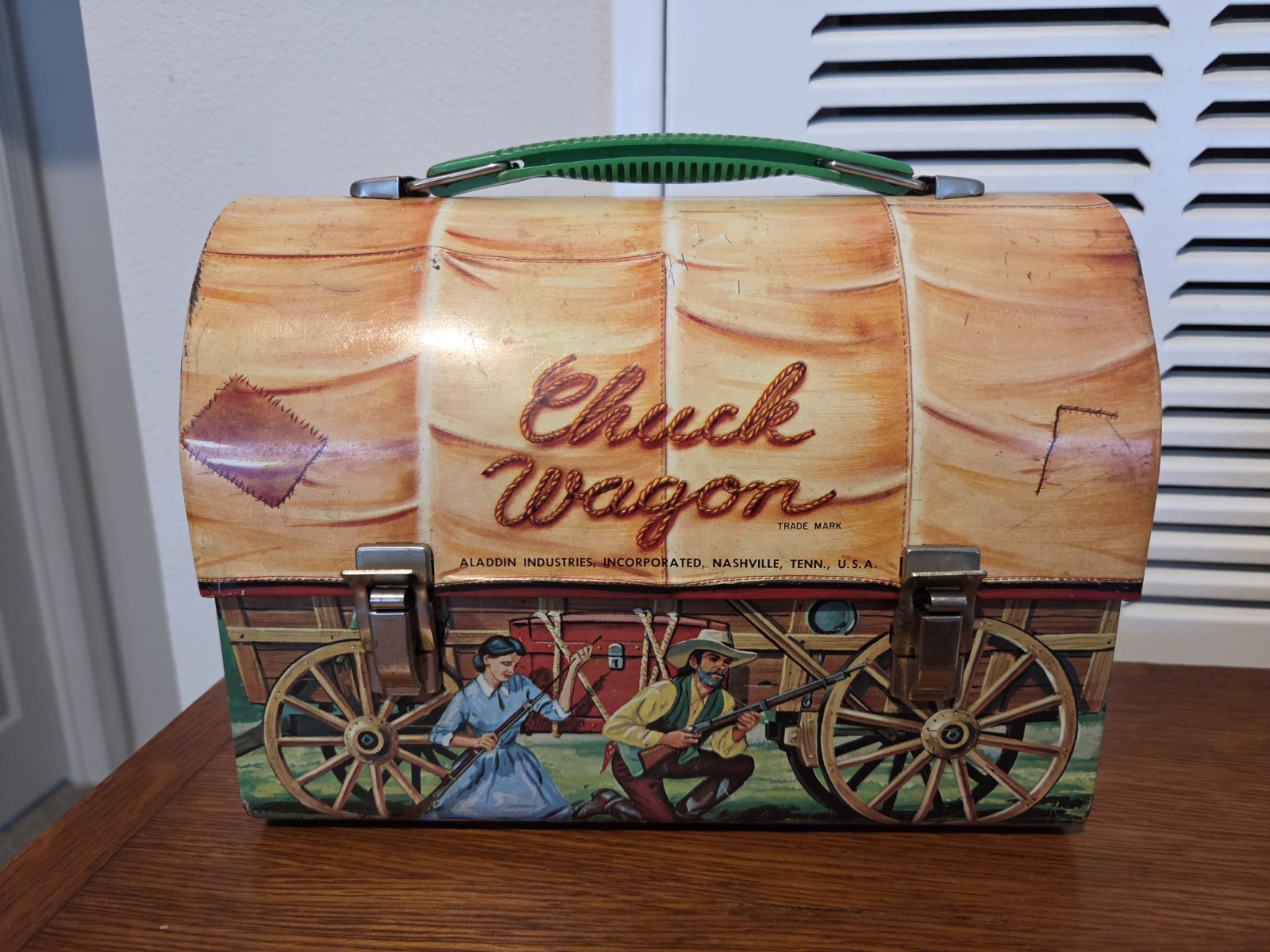 1958 Vintage Chuck Wagon Aladdin Dome-top Metal Lunch Box w/ Metal Thermos