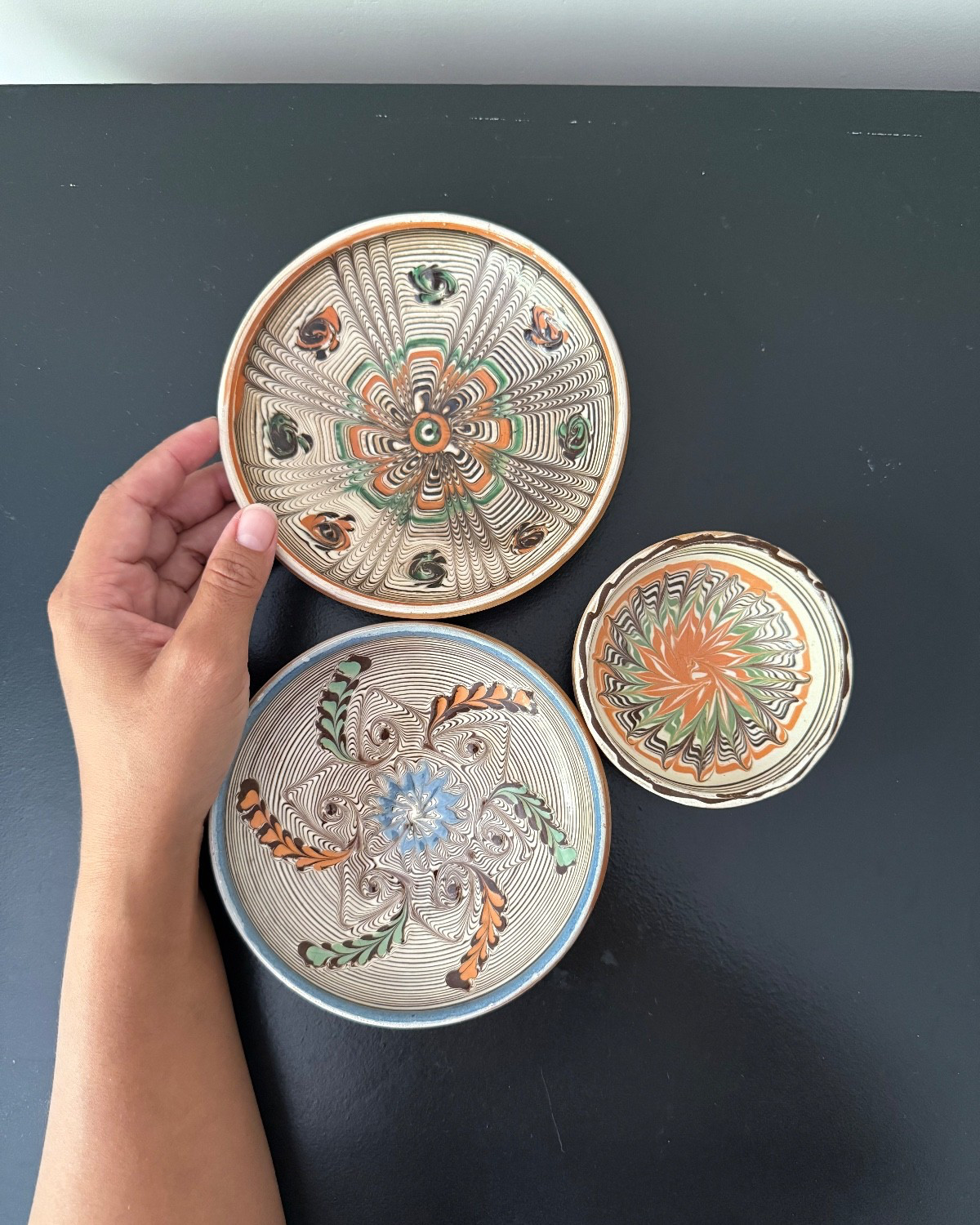 Vintage Horezu Romania Pottery Set 3 Trinket Dishes - Signed - Folk Art