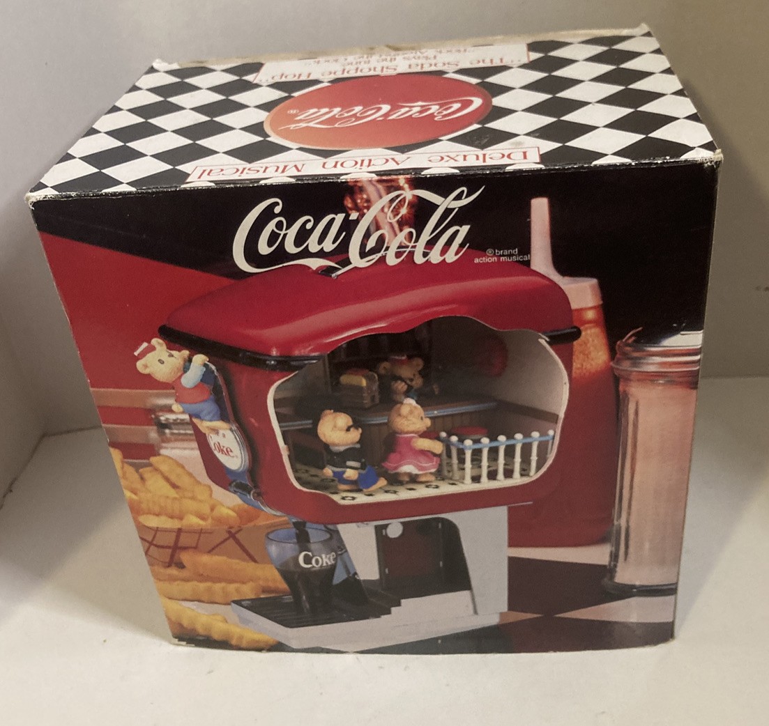New Rare Enesco Coca~Cola Soda Shop Hop Multi~Action/Lights Music Box Tested