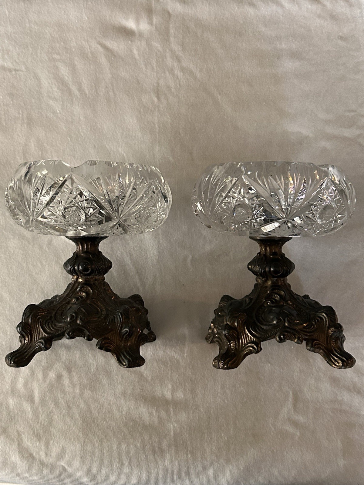 2 Vintage Glass Crystal MCM Hollywood Regency Gilt Ormolu Ashtray Tobaciana
