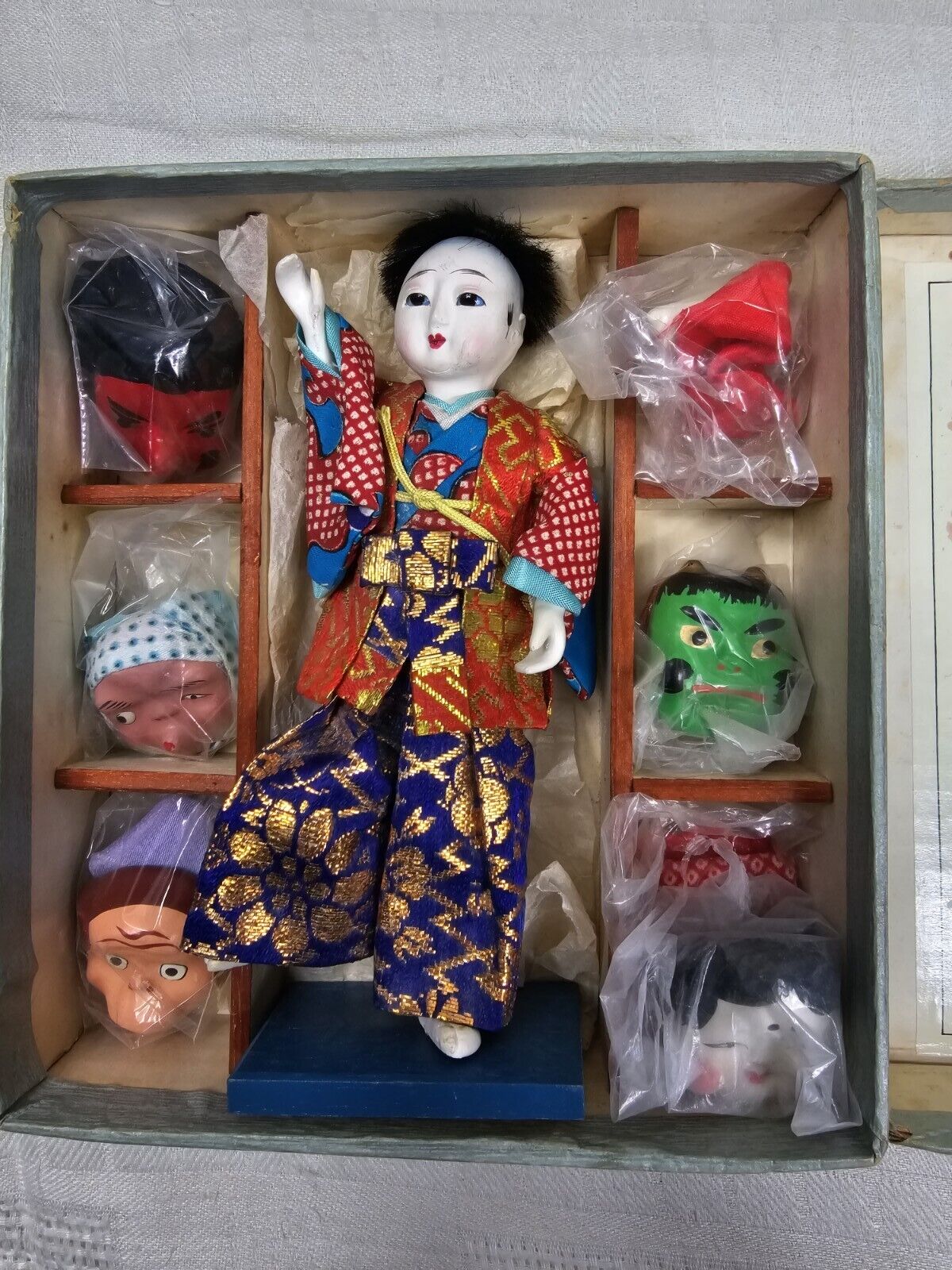 Japanese Vintage Traditional MASK DANCE DOLL with Six Masks in Wooden Box