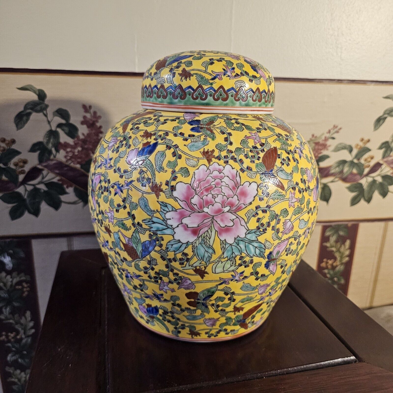 Vintage Large Qianlong Marked Yellow Butterfly And Peony Flower Ginger Jar Vase