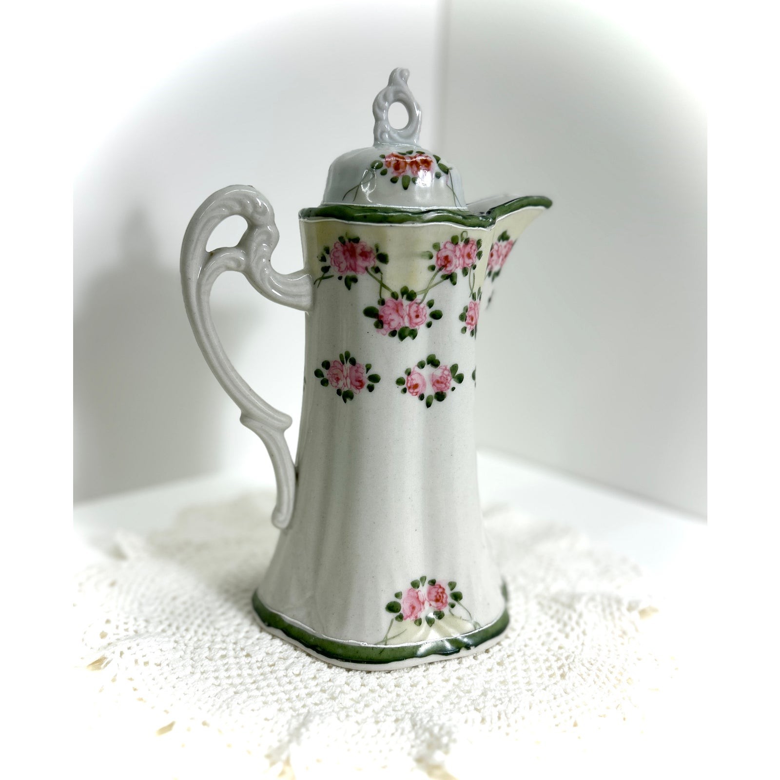 Antique Hand-Painted Nippon Porcelain Chocolate Pot – Pink Roses 10 x 5 inch
