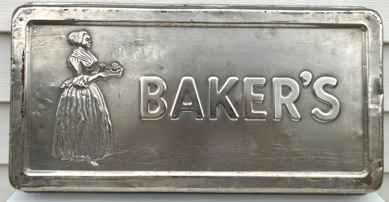 Vintage Walter Baker Chocolate Mold Pan Industrial Bakery Baking Metal Sign 19.5