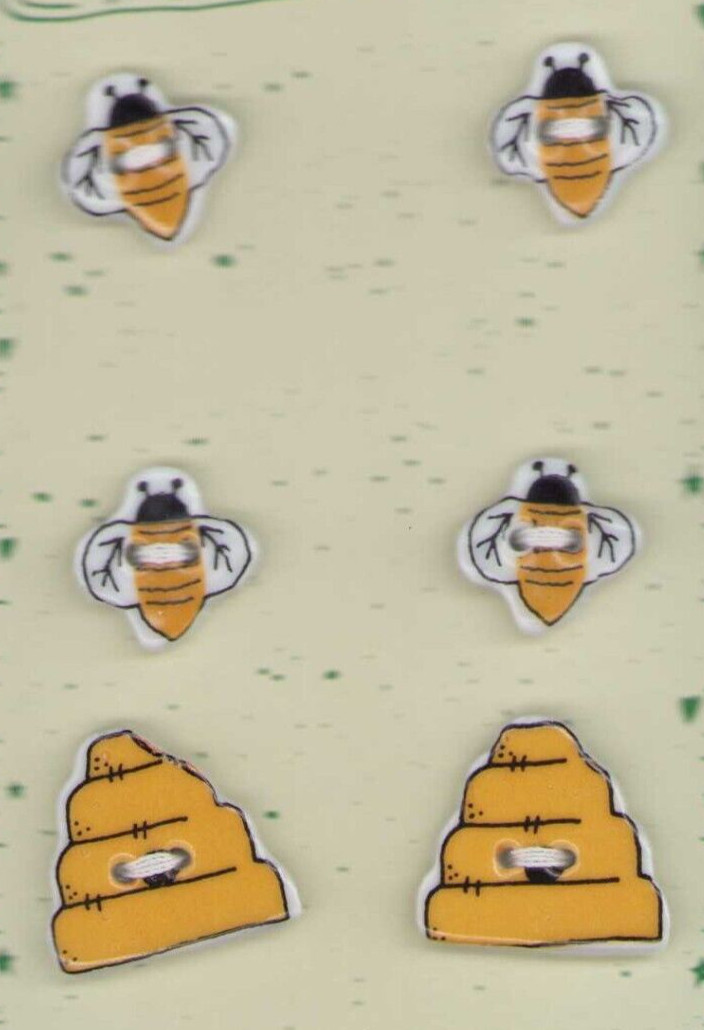 Lot of 6 Vintage Ceramic Buttons Original card Honey Bees Hives Yellow Black