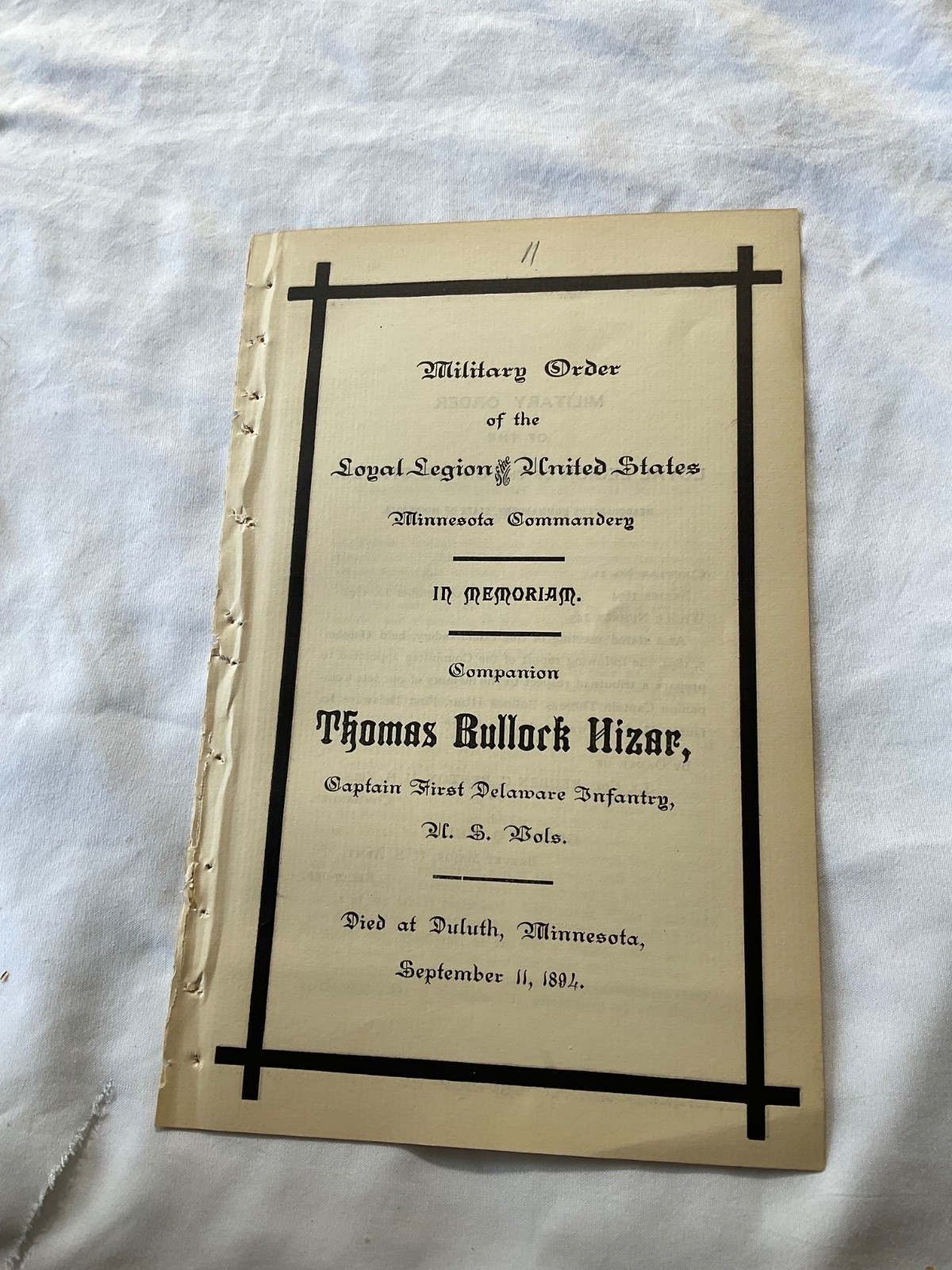 MEMORIAM CIVIL WAR CAPTAIN T H HIZAR LOYAL LEGION OF US MINNESOTA 1894 BLACK