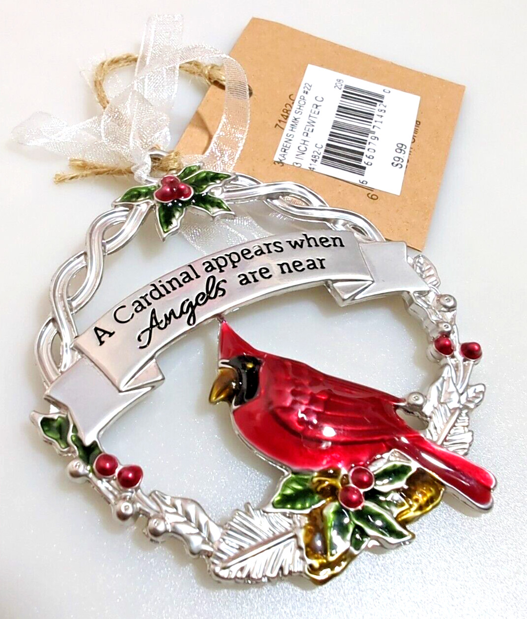 Pewter Cardinal Bird Angels are Near Metal Christmas Ornament Wreath 3\