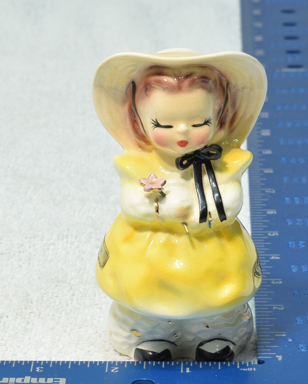 Vintage 53 Josef Originals Girl Yellow Dress Pink Flower Figurine SUNNY Crazing