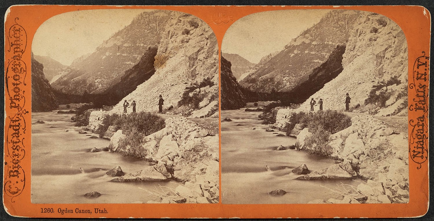 Bierstadt 3 men in Ogden Canyon STEREOVIEW
