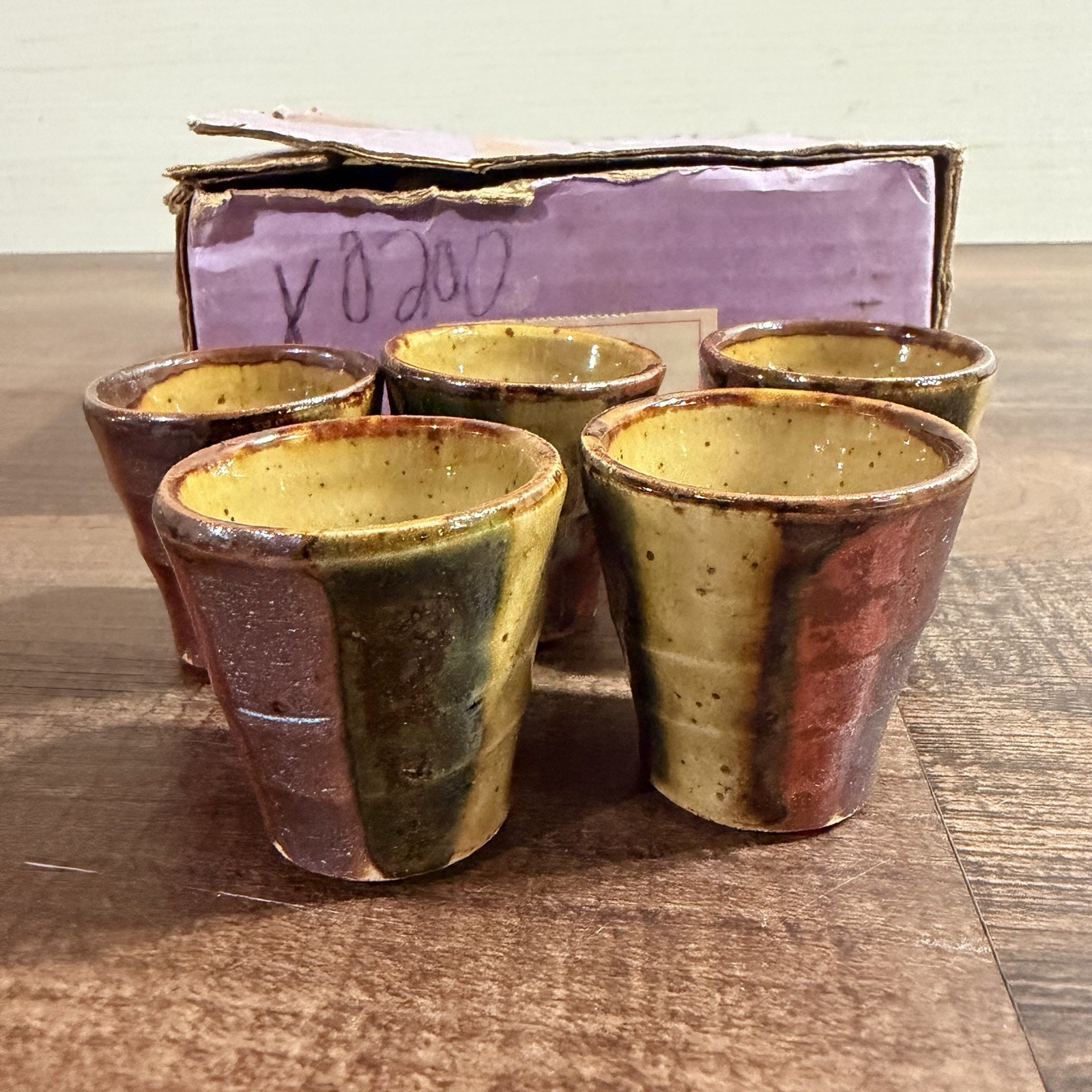 Vintage Otagiri OMC Drip Glaze Sake Cups Set of 5 with Box 56/181 Japan MCM Vintage Otagiri OMC Drip Glaze Sake Cups Set of 5 with Box 56/181 Japan MCM