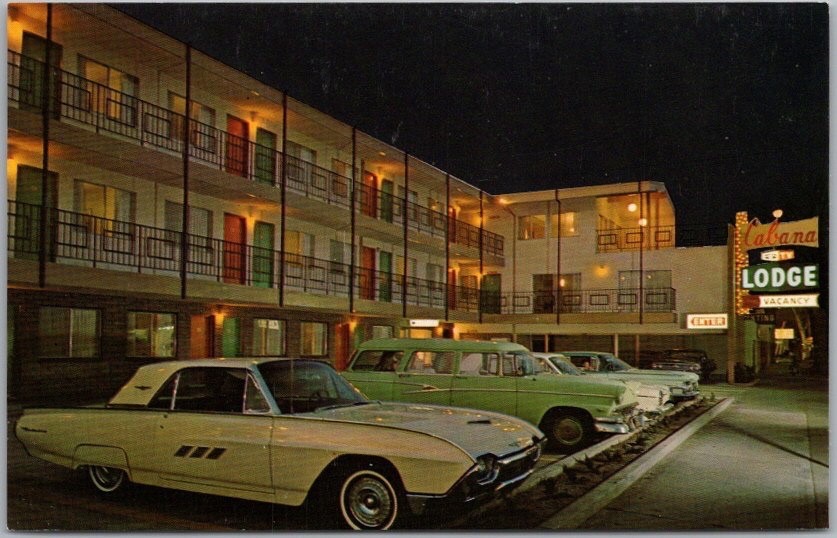 SACRAMENTO, California Postcard CABANA LODGE Motel Parking Lot / Night View