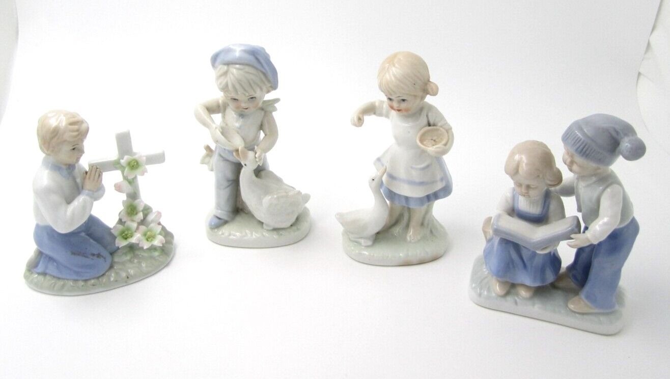 Lot of 4 Girl Feeding Goose/Duck, Praying, Reading Porcelain Figurine