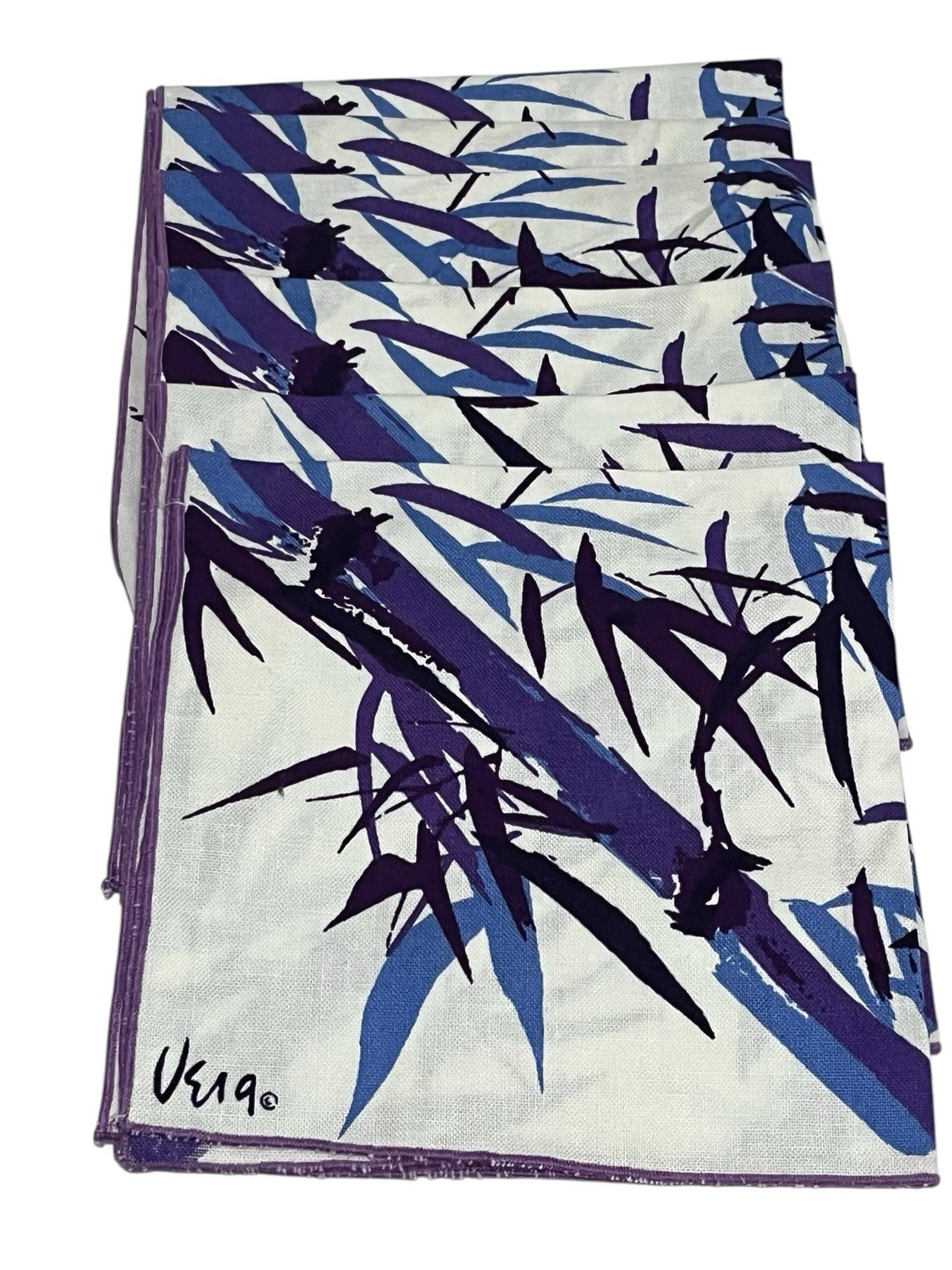 6 Vintage Vera Neumann Purple White Bamboo Botanical Cotton Napkins 16” Square