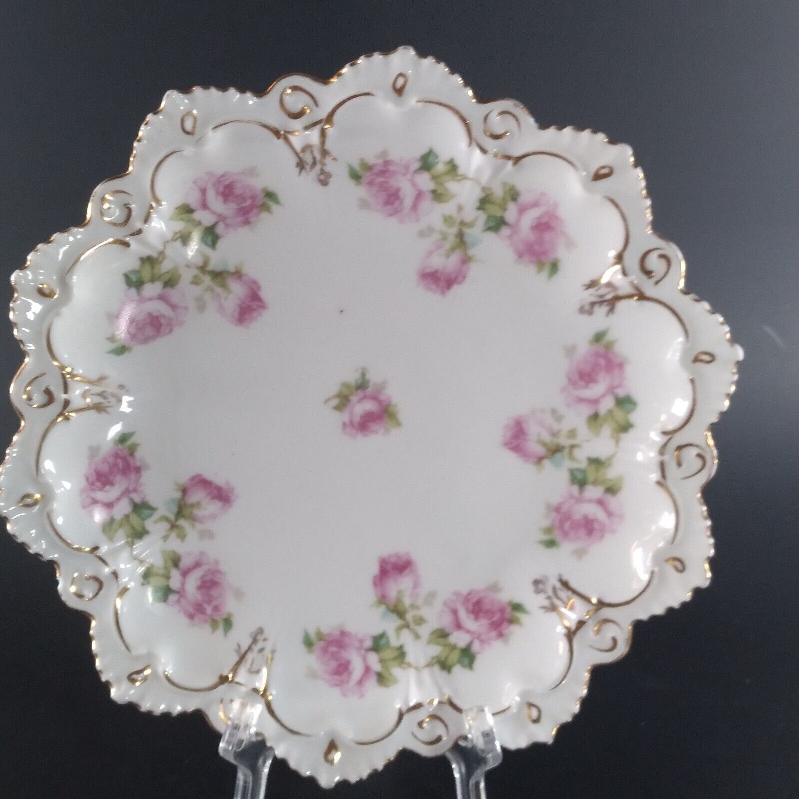 Antique Moritz Zdenkaurer Porcelain Plate White w Pink Floral Gold Gilt Austria
