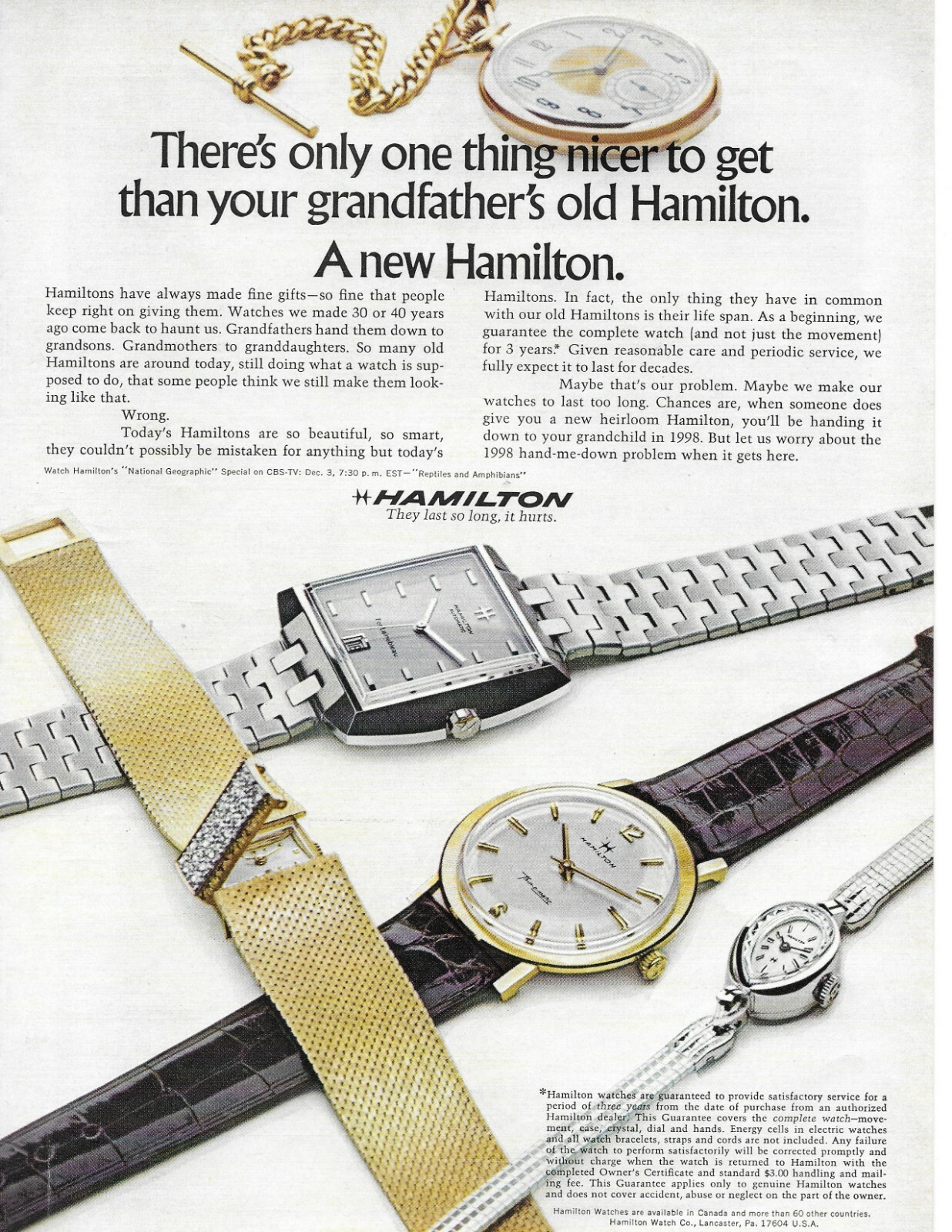 1968 Hamilton 5 Watch Grandfather Mens Womens Gold Original  Classic Print Ad