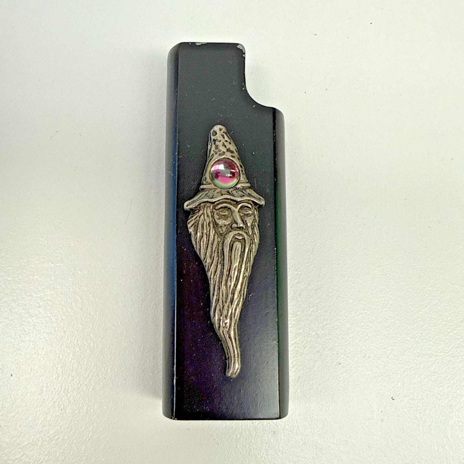 Vintage Black Wizard Merlin with Chrystal Aurora Metal Lighter Holder