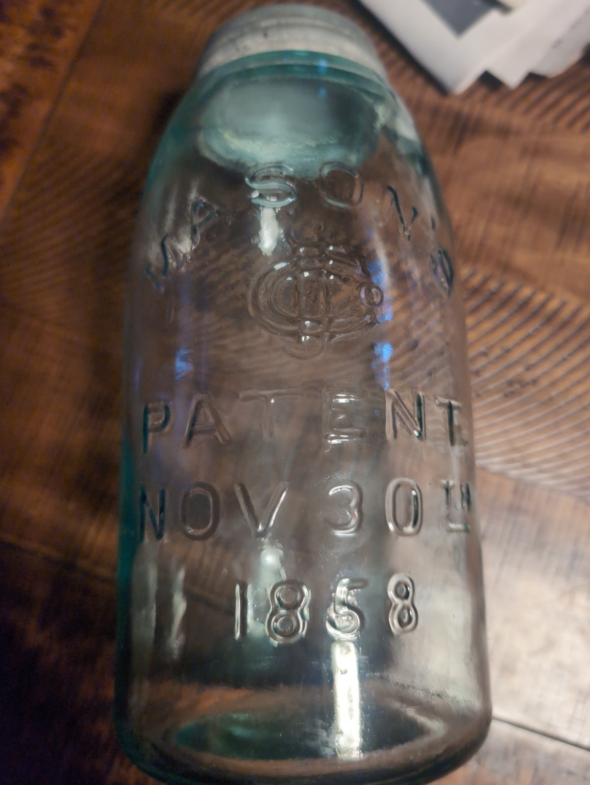 ANTIQUE VINTAGE CFJ CO. NOV. 30TH, 1858 BLUE MASON Half Gal JAR 