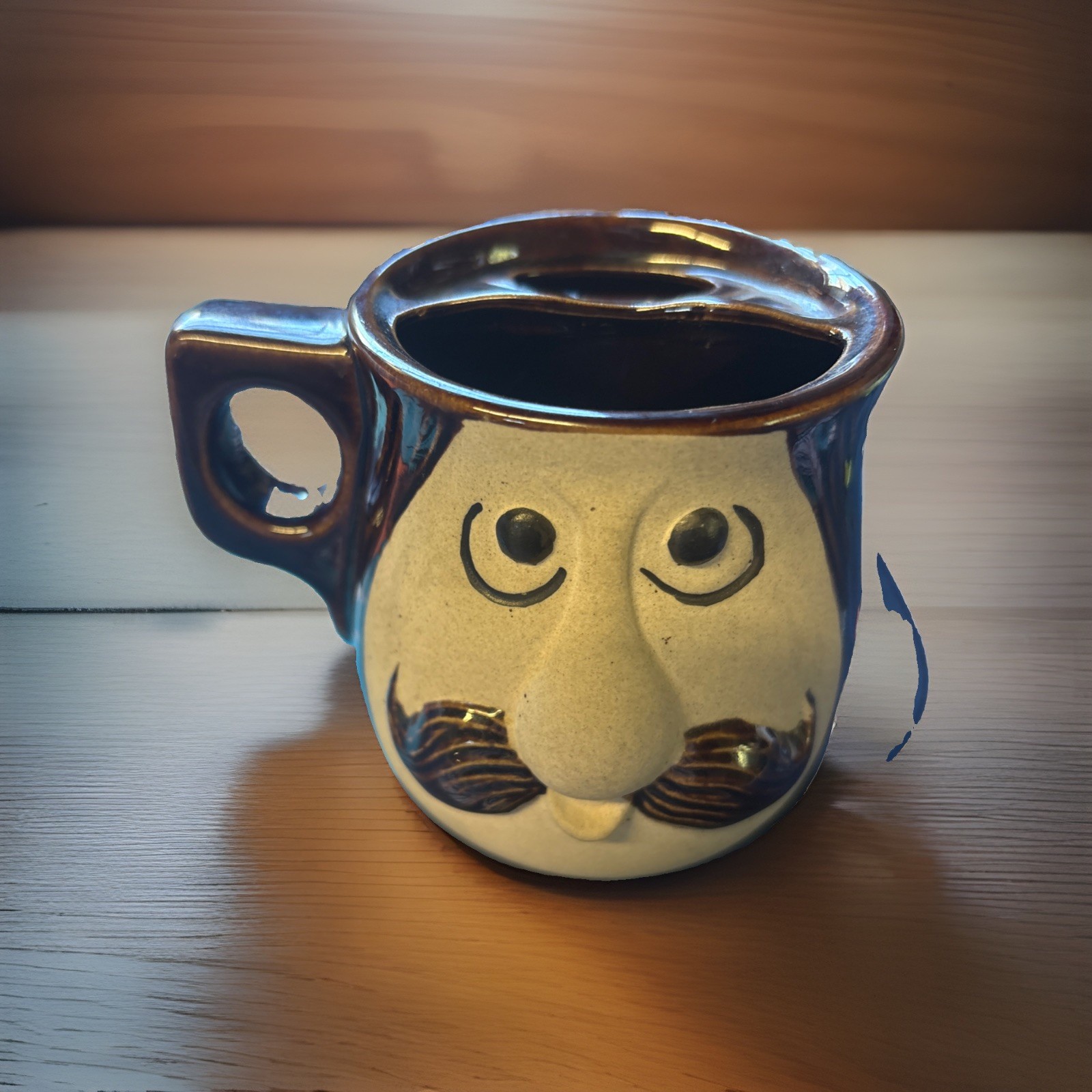 VINTAGE 1977 Spencer Gifts Mustache Brown Coffee Cup Mug w/ Face
