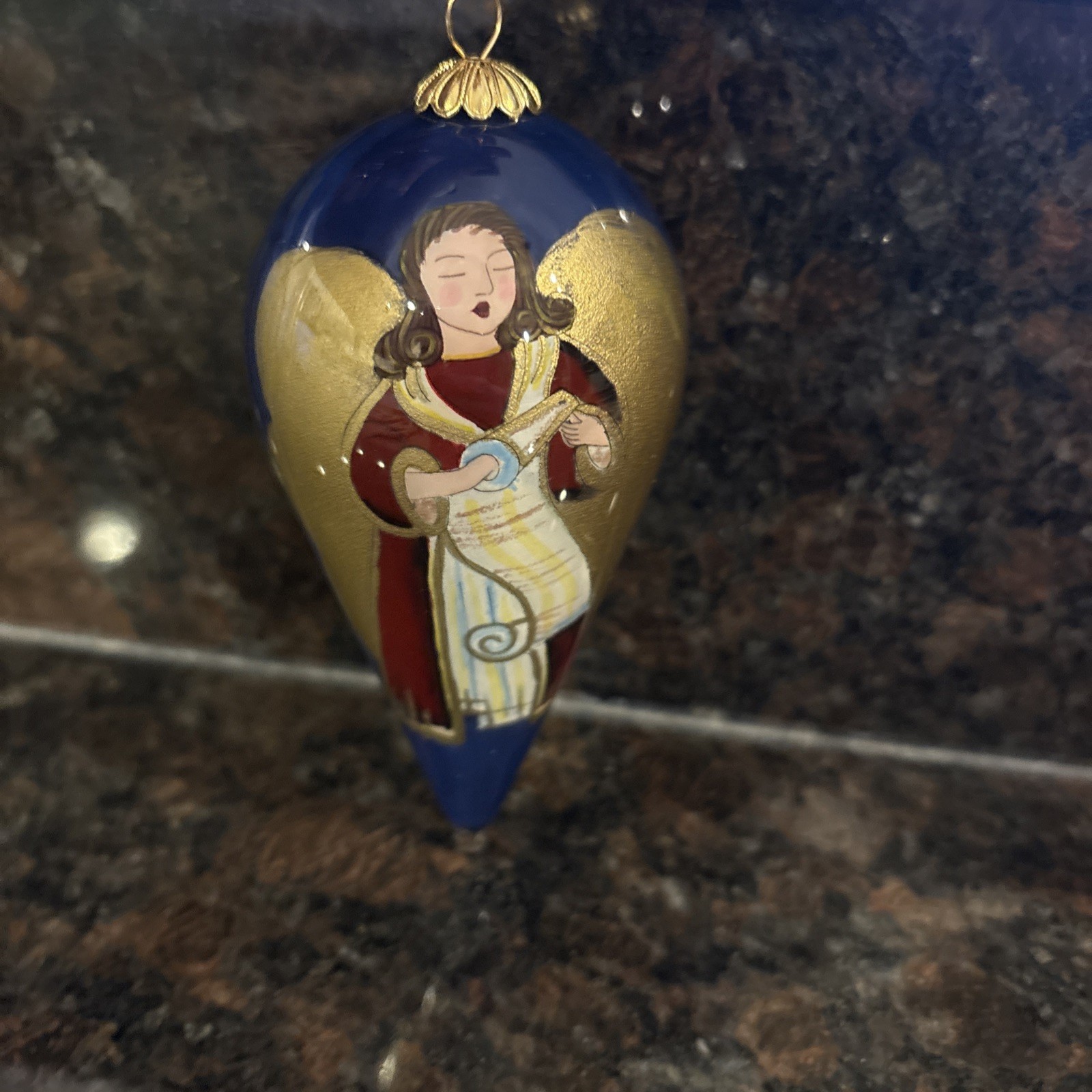 2000 Pier 1 Li Bien Reverse Painted Singing Angel Blue Teardrop Ornament 5”