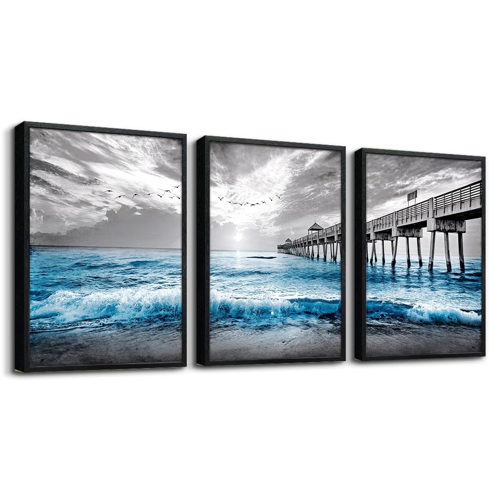 DZRWUBHS 3 Piece Canvas Wall Art Black Framed Blue Ocean Sea Wave Home Decor DZRWUBHS 3 Piece Canvas Wall Art Black Framed Blue Ocean Sea Wave Home Decor