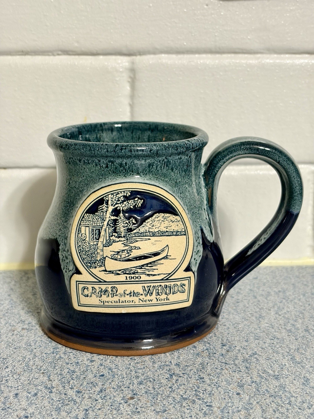 “Deneen Pottery”MUG (NEW) ”CAMP of the WOODS” Speculator, NY~Cobalt/Seafoam Blue