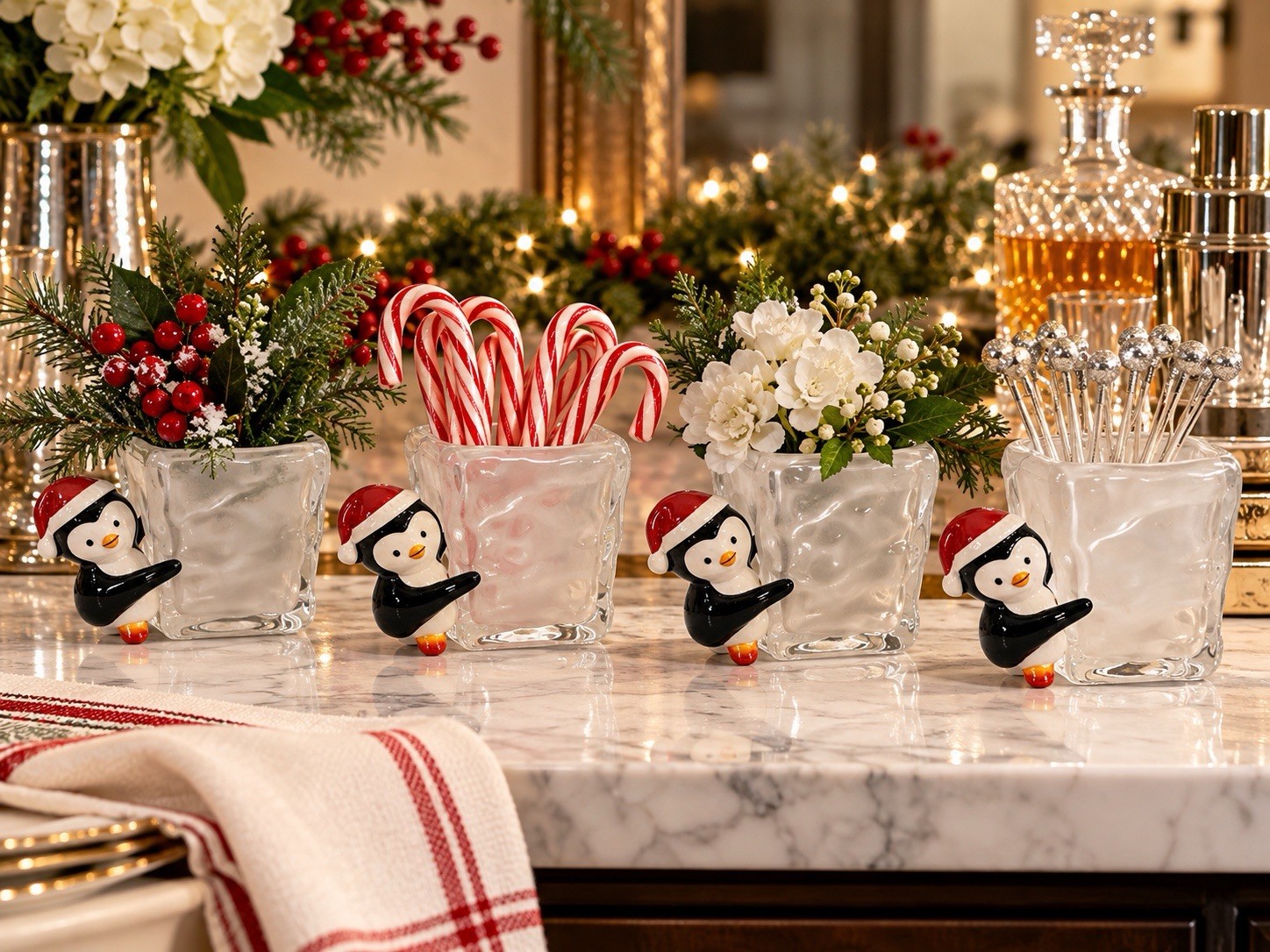 Vintage Teleflora Christmas Penguin Glass Ice Cube Vases Holders Set of 4 NOS