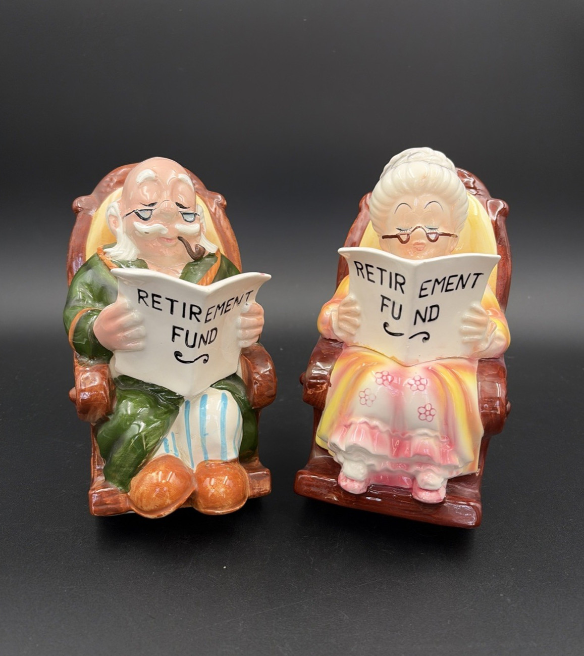 Lefton Piggy Banks Rocking Chair Grandma & Grandpa Set \