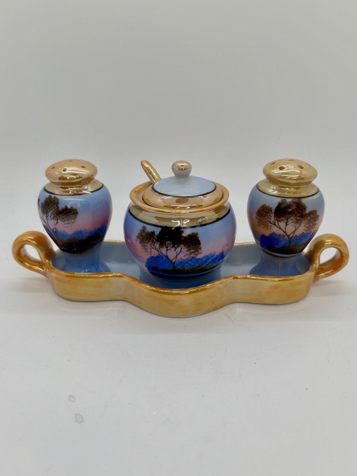 Vintage Japanese Lusterware 6 Piece Condiment Set Tray Hand Painted Sunset