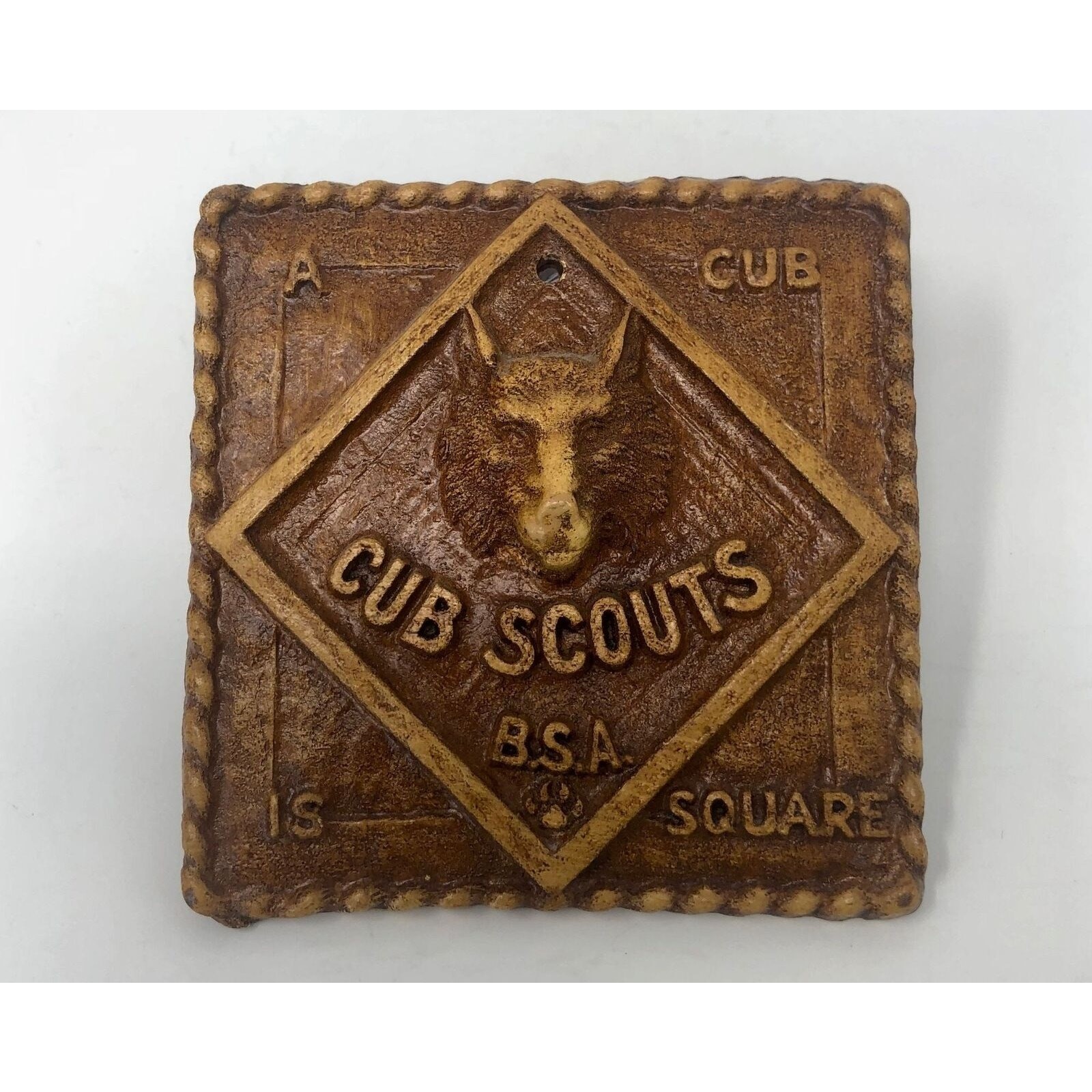 Vintage Cub Scout Chalkware Plaque A Cub Is Square Boy Scouts Logo BSA Wolf Cub