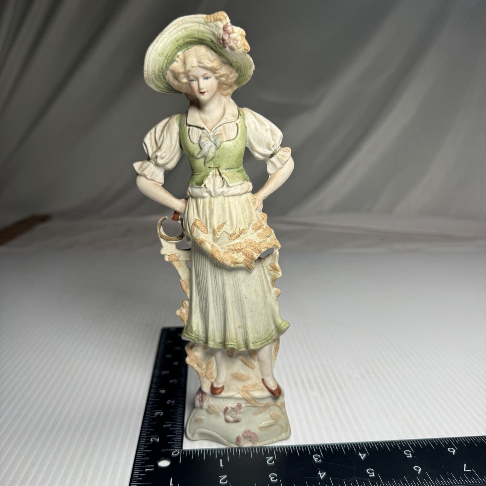 Vintage Victorian Lady Carrying Parisol, Green Dress and Hat, Signed ✨BEAUTIFUL