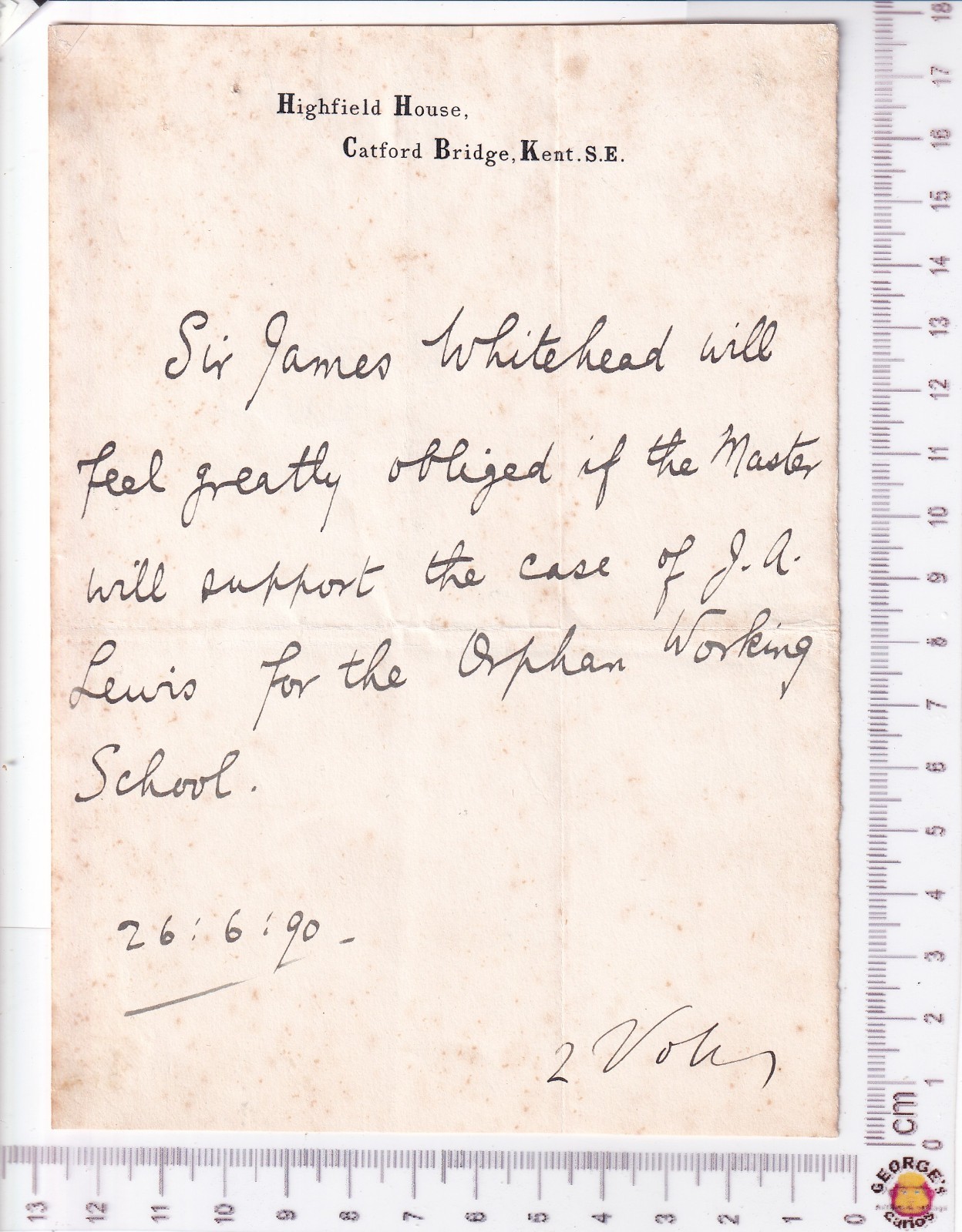 Sir James Whitehead 1p Autograph Letter ALS 1890 Orphan Working School 2 Votes