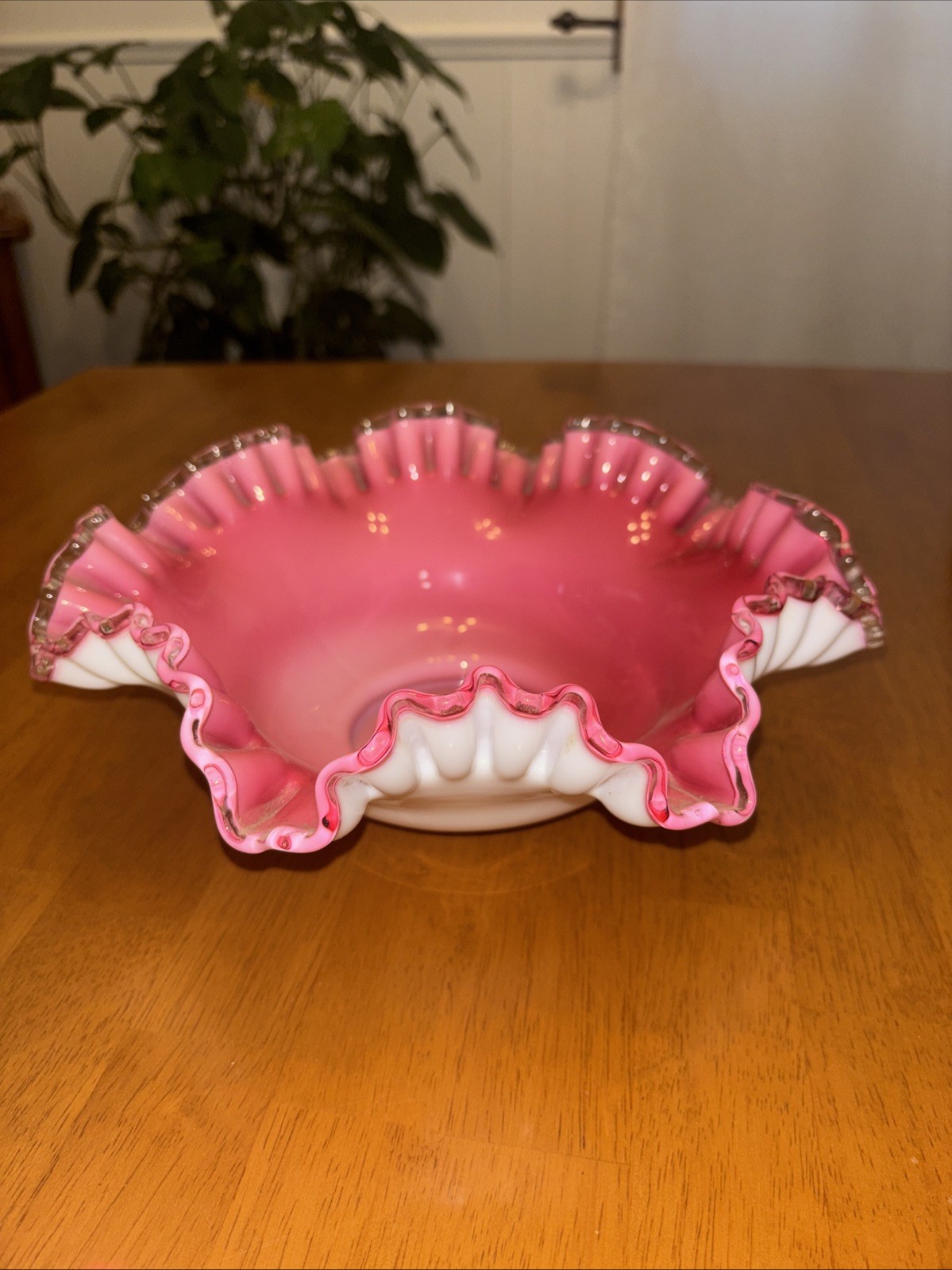 Vintage Fenton (unmarked) Glass Peach Crest Ruffled Rim Console Bowl 10-1/2” Vintage Fenton (unmarked) Glass Peach Crest Ruffled Rim Console Bowl 10-1/2”