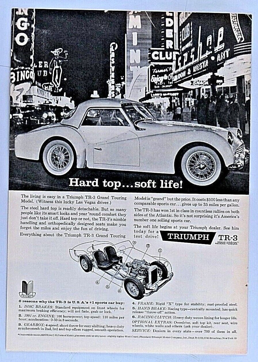 1959 Triumph TR3 Vintage Las Vegas-Hard Top Soft Life Original Print Ad 8.5 x 11