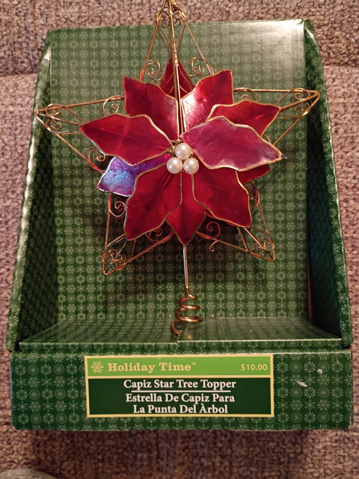 Vintage Capiz Red Gold Star Christmas Tree Topper with  Faux Pearl Center & Box 
