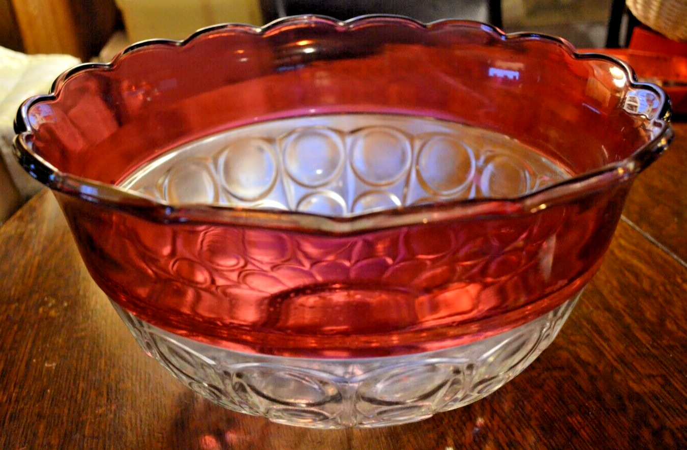 Ruby Band Kings Crown Thumbprint Indiana Glass Large Bowl