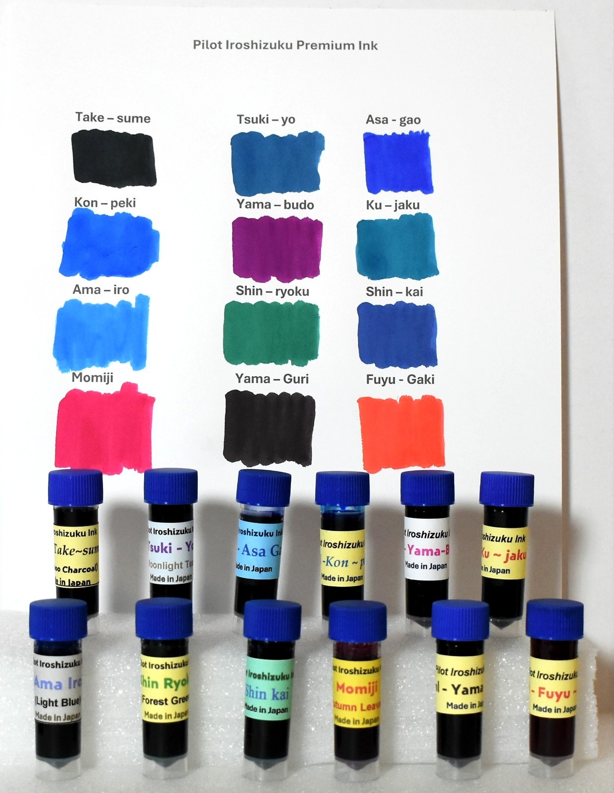 12 SAMPLE BOTTLES OF PILOT IROSHIZUKU FOUNTAIN PEN INK ~60ml OF INK ~ #PI6012A