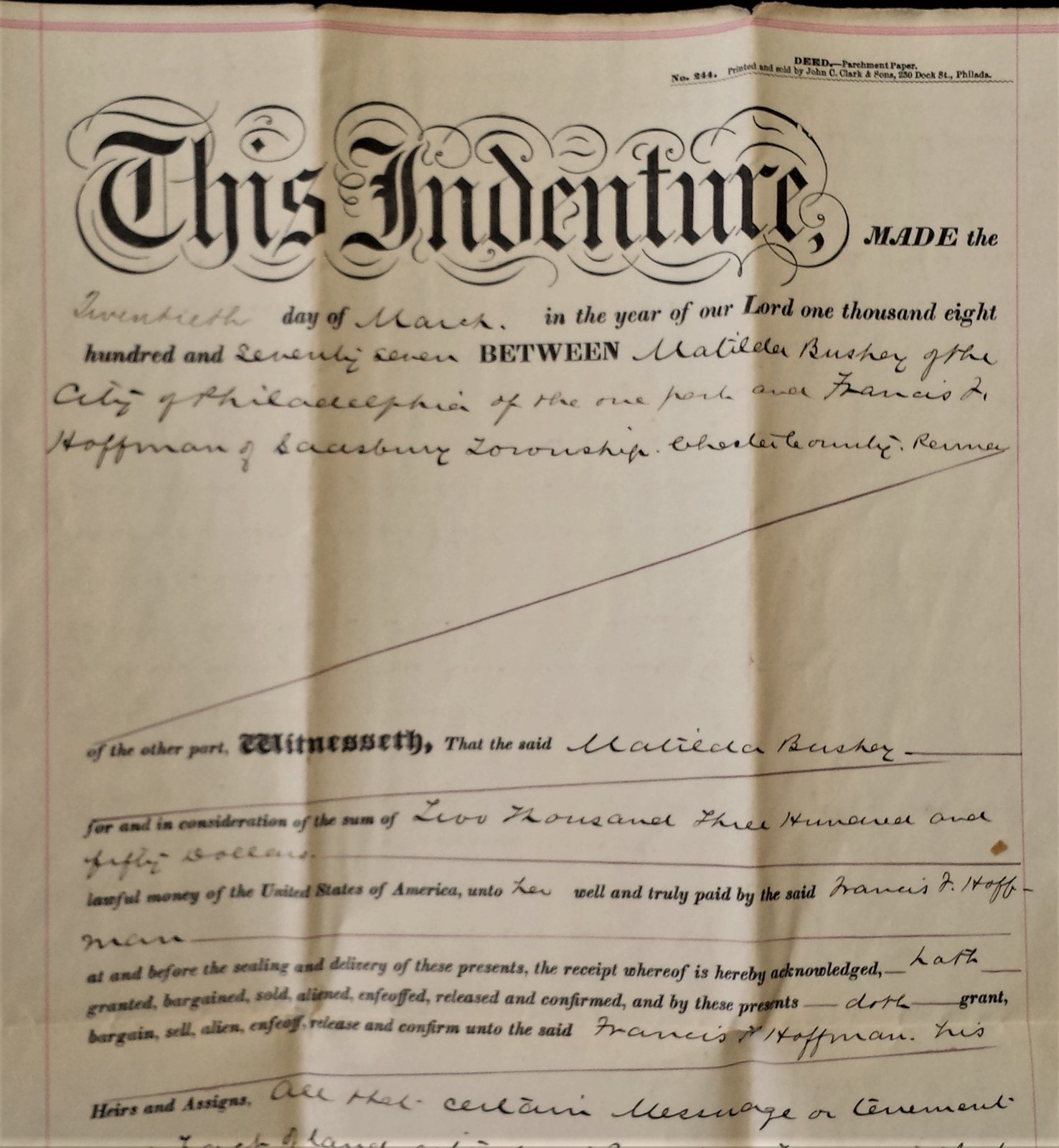 1877 antique DEED INDENTURE Matilda BUSHER phila pa Fra HOFFMAN sadsbury chester