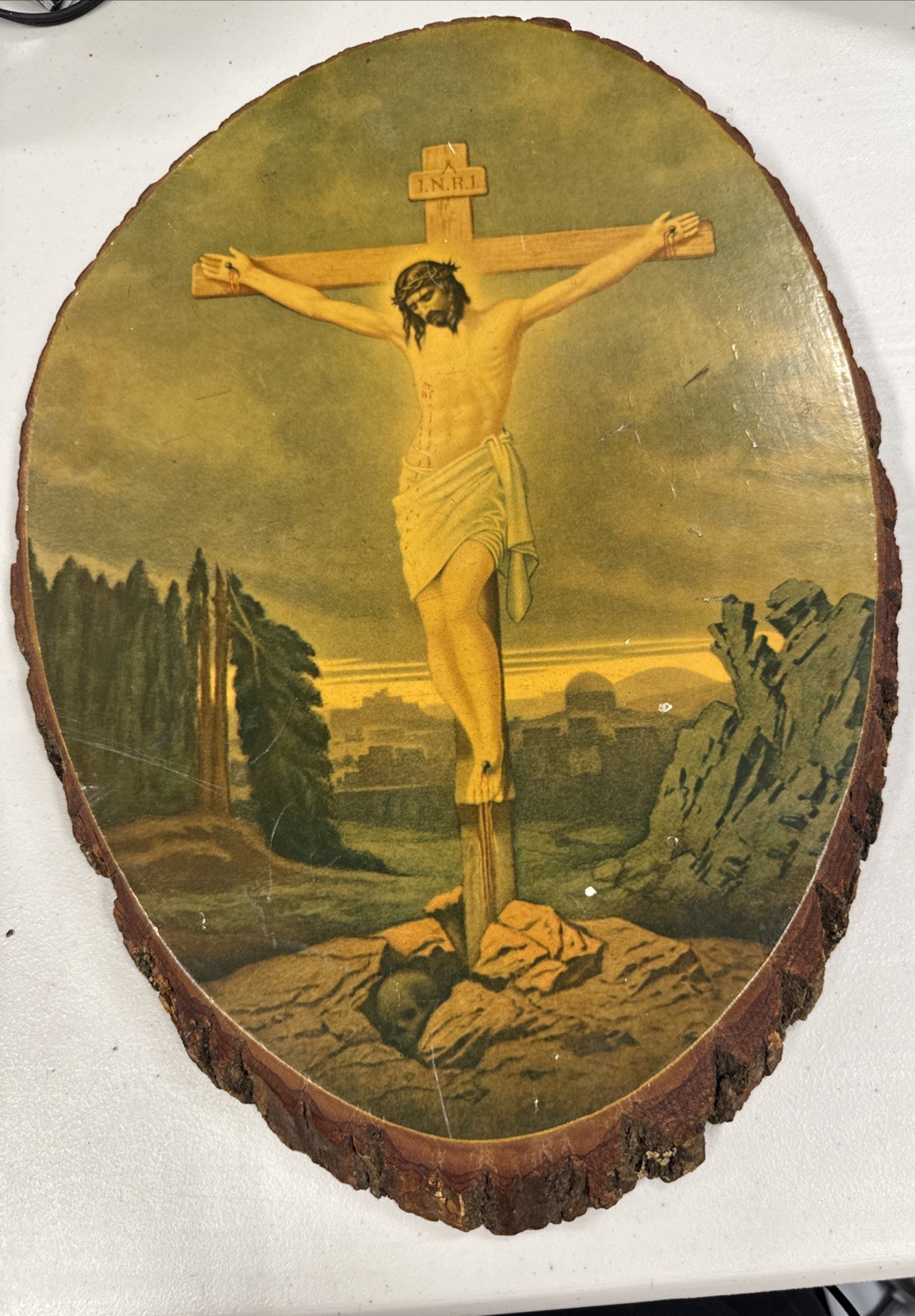 Vtg 70s Wall Art Jesus On Cross Skull In Ground Print Live Edge Wood Oval 16x11”