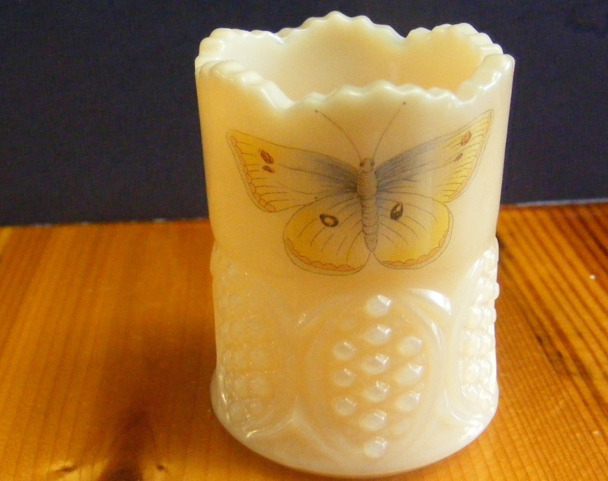 VINTAGE PINK MILK GLASS BUTTON TOOTHPICK HOLDER WITH BUTTERFLY DECOR