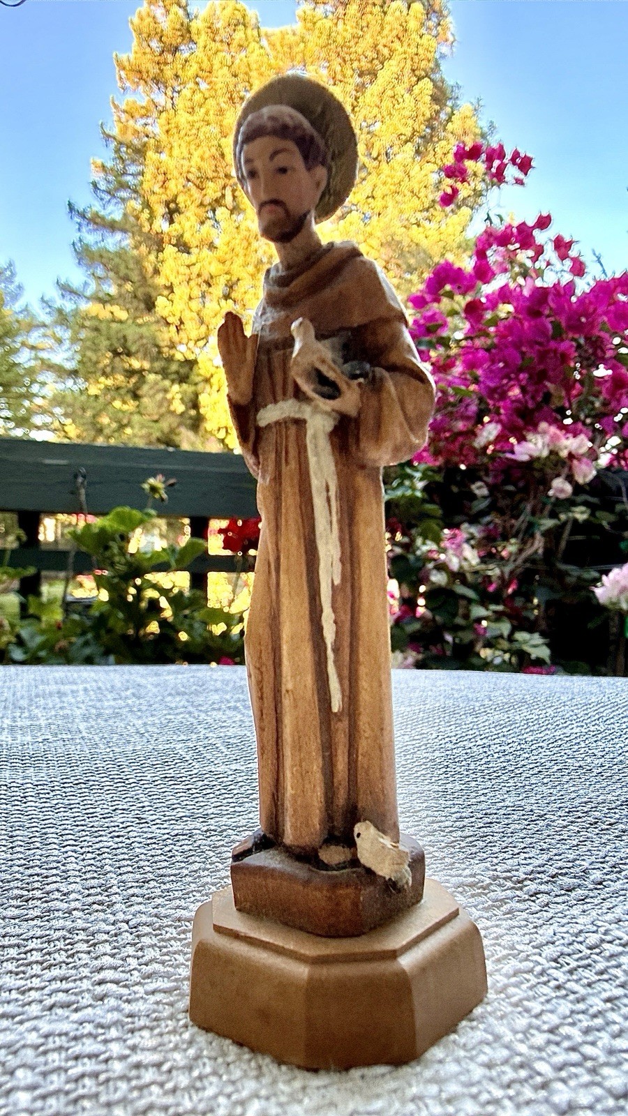 Vintage Italy Hand Carved Wood St Francis of Assisi Bird Religious Statue 4.1”