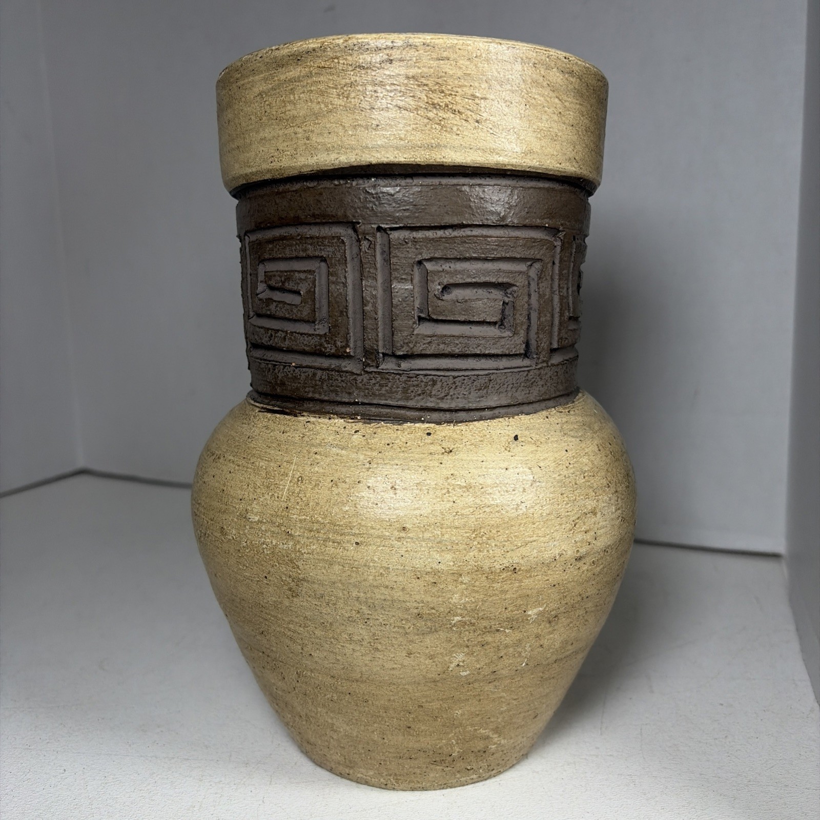 Vintage Asian Chinese Etched Ceramic Clay Vase Brown Beige