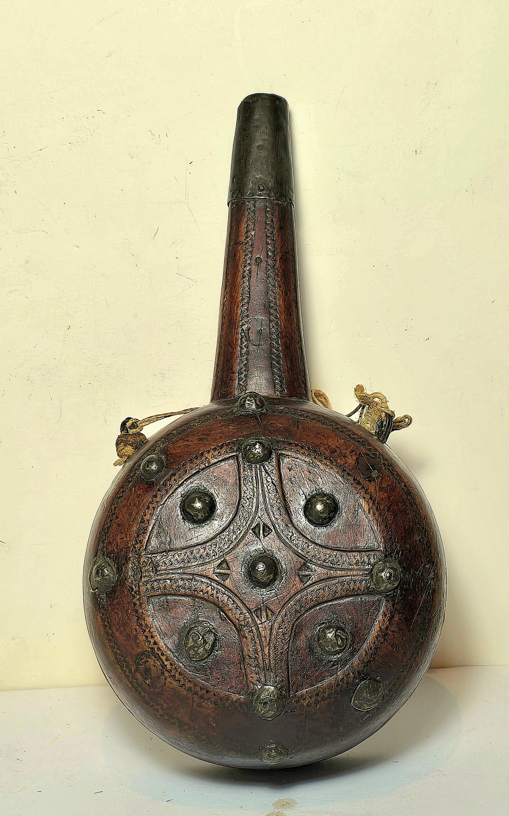 Antique 18th- 19th.century Moroccan Carved Wood Gun Powder Fladk