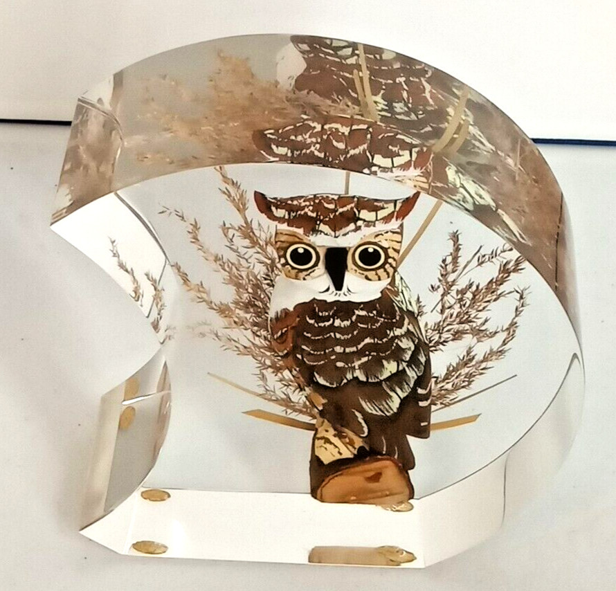 Vintage Chunky Lucite Moon Sculpture w Horned Owl MCM 6.5\