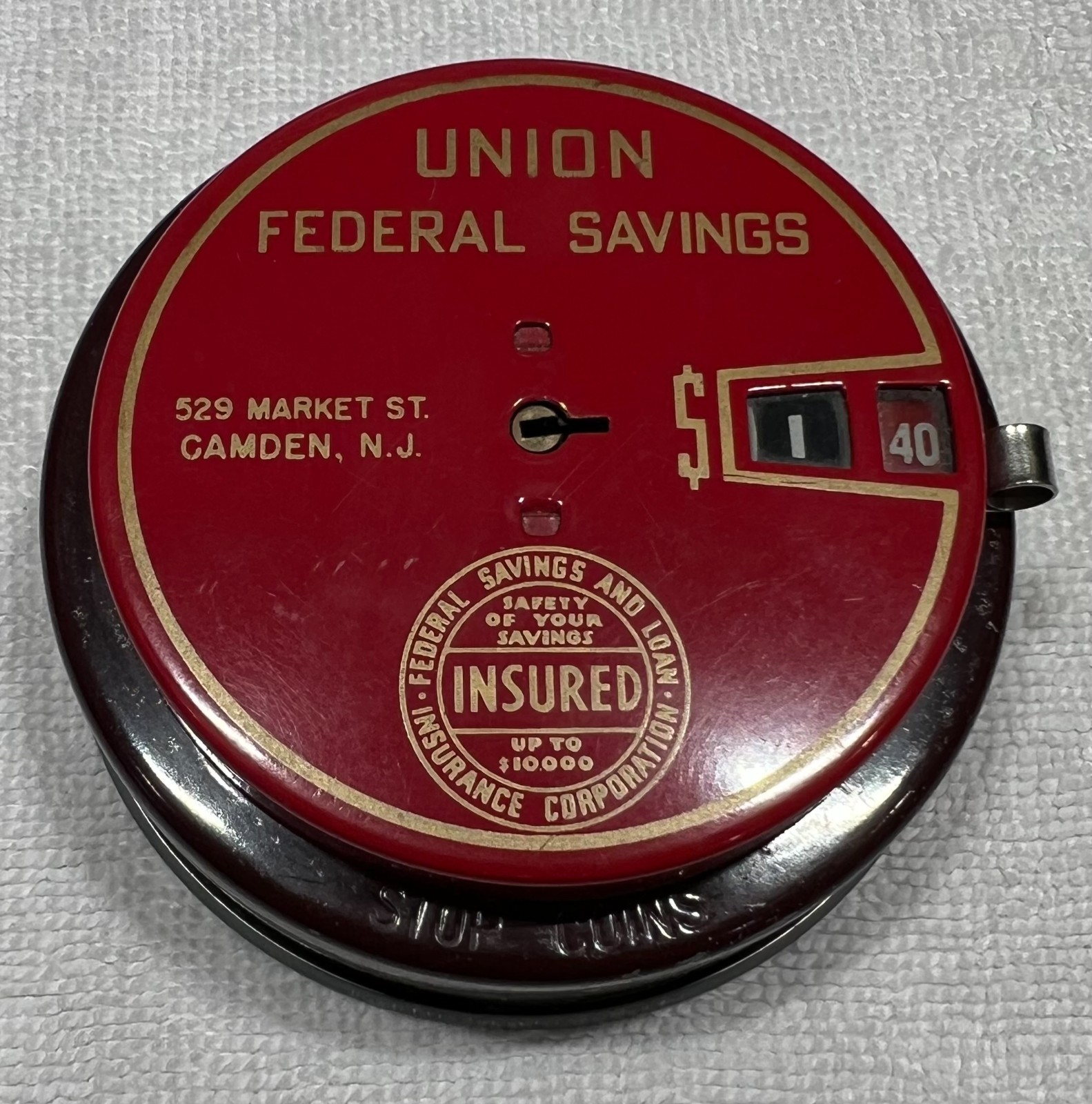 Vintage Union Federal Savings Camden NJ Add-O-Bank Mechanical Coin Counter Red Vintage Union Federal Savings Camden NJ Add-O-Bank Mechanical Coin Counter Red