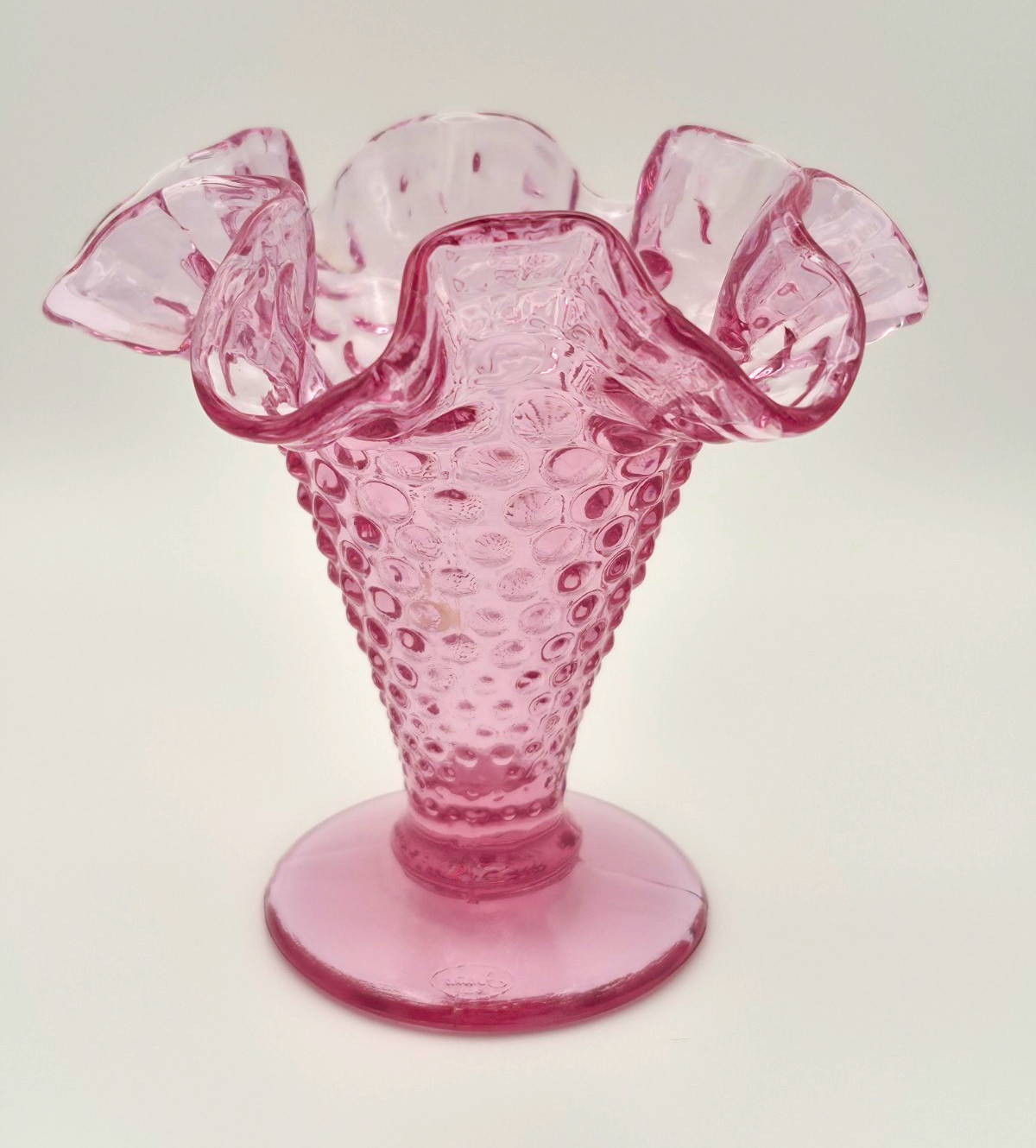 Vintage Fenton Cranberry Hobnail Vase Pink Ruffled Edge Footed Art Glass
