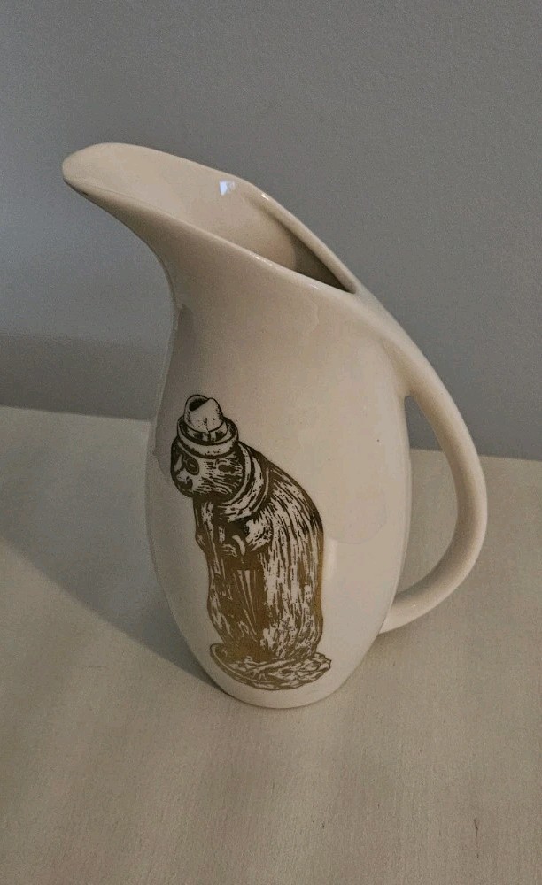 Vintage Mid-Century Pitcher Gold Metallic Anthropomorphic Character Animal Print