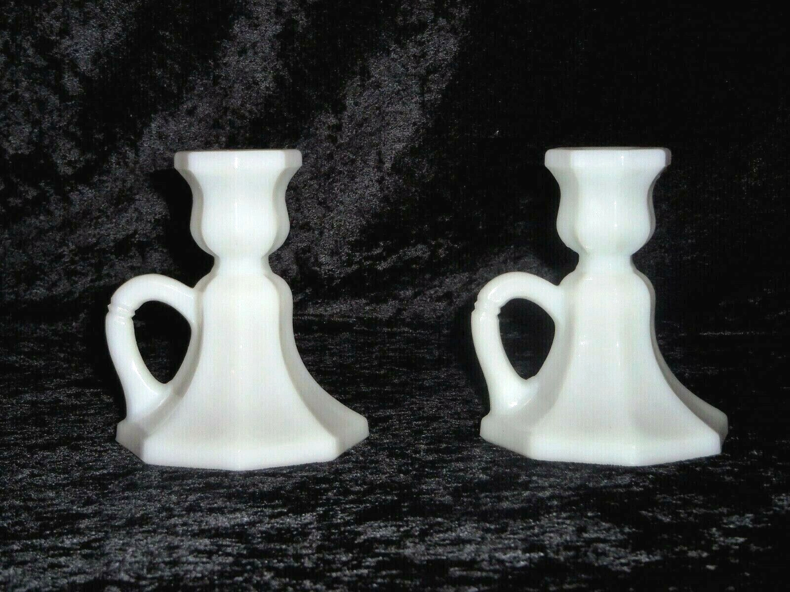 VTG Milk Glass White Paneled Handled Candlestick Pair Taper Candle Holders