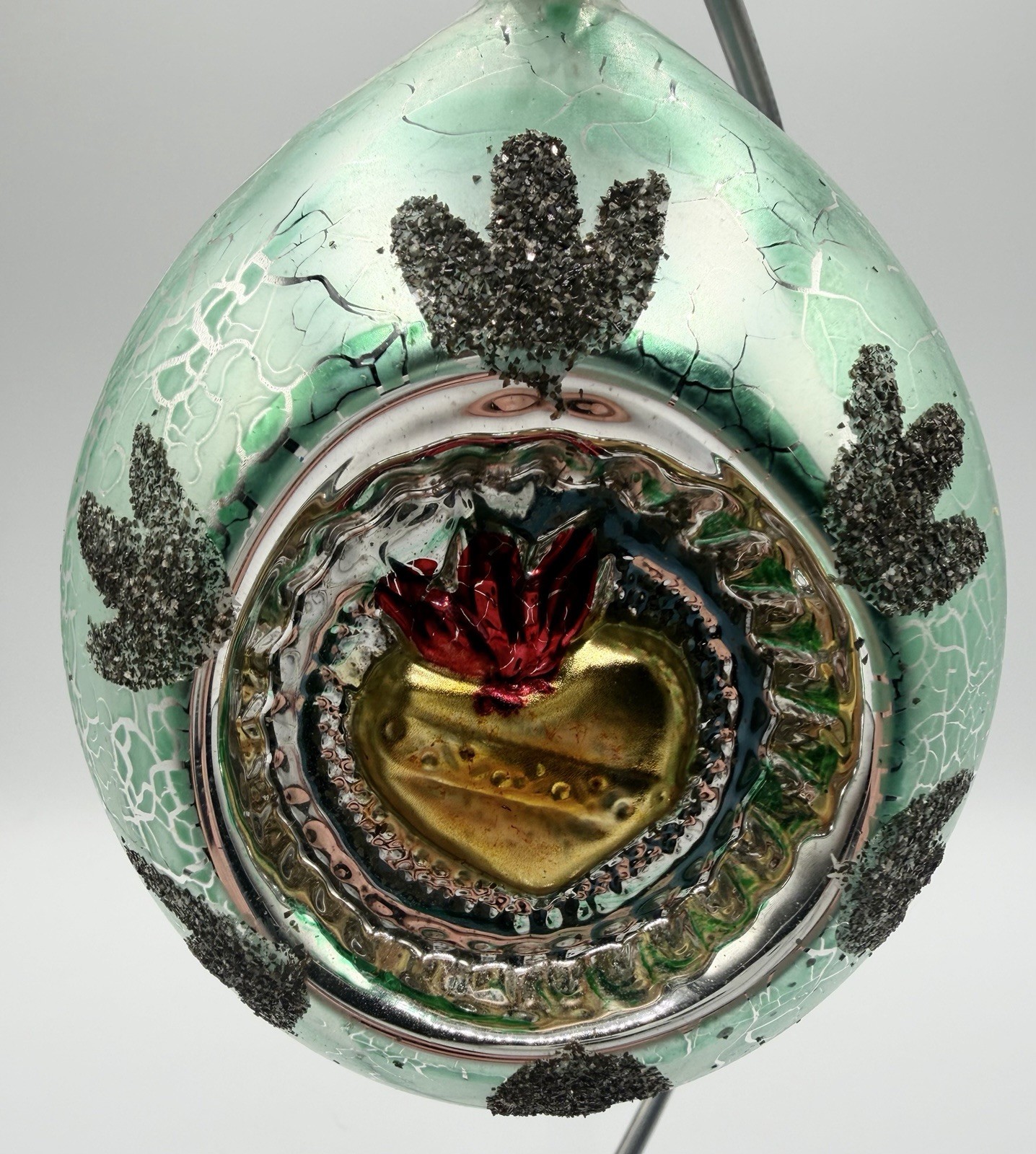 Vtg Jumbo Heart Reflector Indent Drop Glass Christmas Ornament West Germany 6”