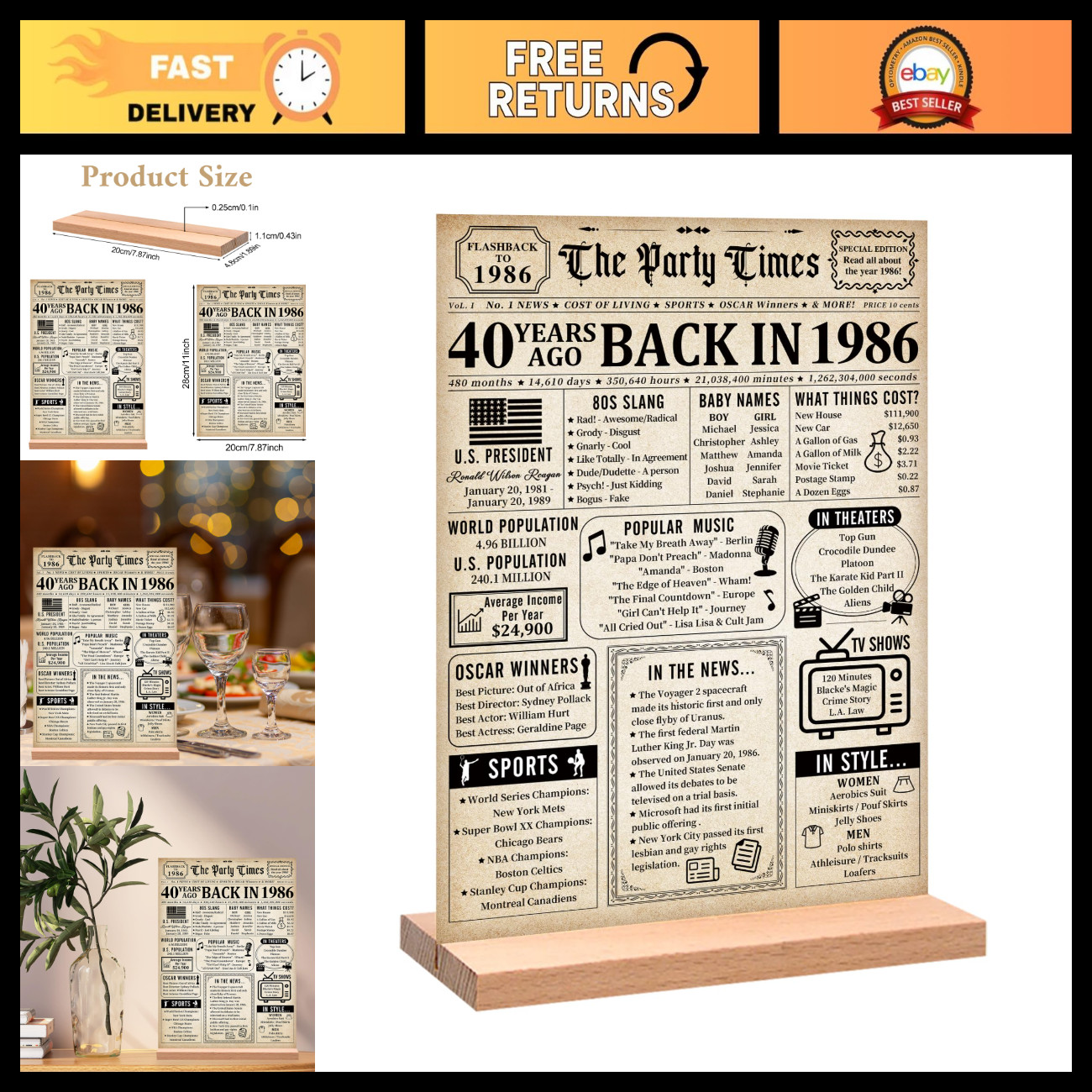 Vintage 40th Birthday Back in 1986 Poster Acrylic Table Sign Decor Gift Vintage 40th Birthday Back in 1986 Poster Acrylic Table Sign Decor Gift