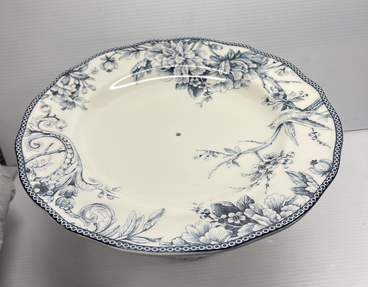 222 Fifth Adelaide Blue and White Cake Stand With Silver Metal Pedestal Stand